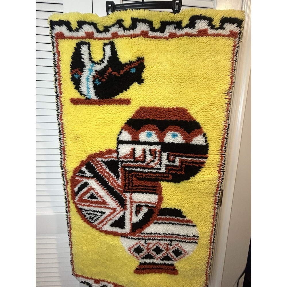 Vintage Latch Hook Wall Hanging 46x26 Native American Aztec Yellow